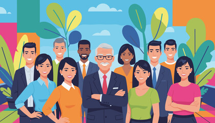 Diverse professional team and senior leader portrait promoting corporate success and teamwork