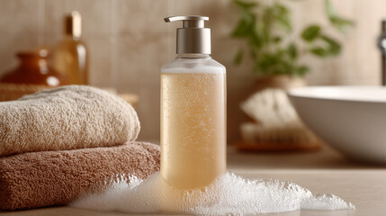 light Plastic Bottle with liquid soap with blank space for mockup. Eco-friendly dispenser with shower gel, liquid soap or shampoo and towels in the bathroom