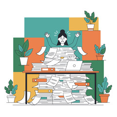 Employee suffering stress and burnout buried under paperwork Deadline pressure and excessive workload