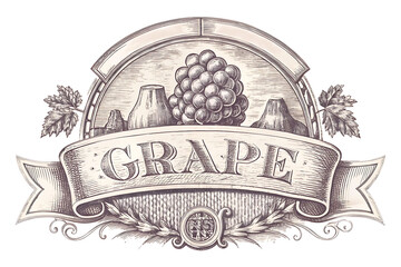 Vintage engraved emblem with bunch of grapes and wine bottles in sepia tones for winery branding or label design