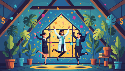 Diverse female professionals jump in celebration of success finance and teamwork