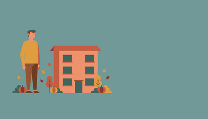 Man in autumn wear standing next to a residential building decorated with pumpkins and fall leaves