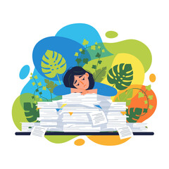 Burnout Exhausted woman overwhelmed by a massive pile of office paperwork and bureaucracy