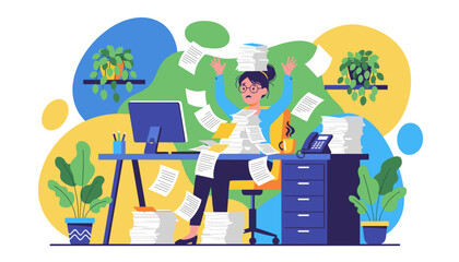 Overwhelmed office worker buried in paperwork Too much work causes stress and burnout