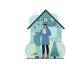 Digital holiday greetings Woman checks phone in cozy festive house with tree and gifts