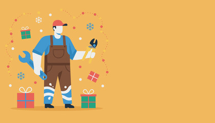 Flat vector illustration of a technician with tools surrounded by Christmas presents