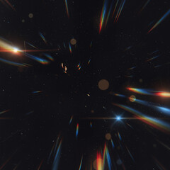 Dynamic dark background with colorful light streaks lens flares and starfield creating a futuristic warp speed effect for technology and space themes