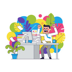 Businessman stressed overwhelmed by massive paperwork stack Work overload and anger