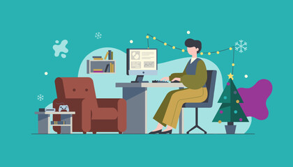 Remote worker staying productive in a cozy festive home office during the winter holidays