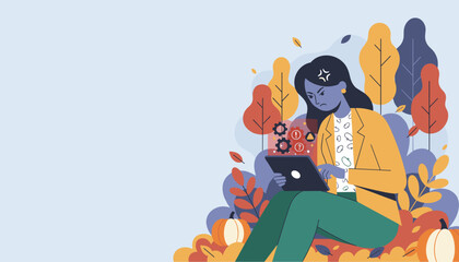 Frustrated woman dealing with technical errors on a tablet outdoors in autumn leaves Business failure concept
