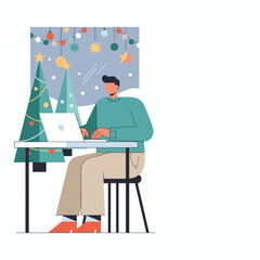 Man working on laptop by a festive holiday window Remote work during Christmas season