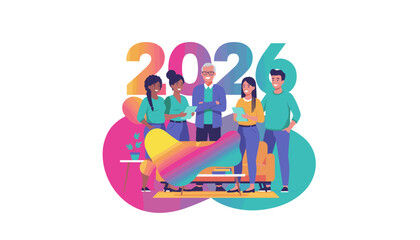 Diverse business team celebrating 2026 success planning goals in a vibrant office setting