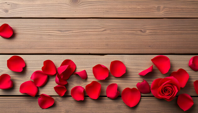 Red rose petals on wooden background. Valentines day background. Copy space for text or product