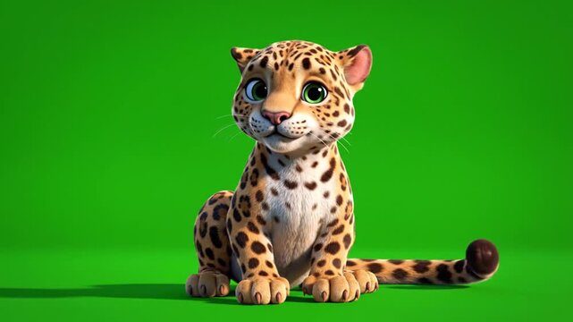 Cute Animated Jaguar Cub Character Sitting on Green Screen Background
