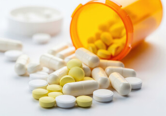 Assorted pills and capsules spilled from medicine bottle