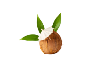 Tropical beach concept made of coconut fruit and sun umbrella. on png background