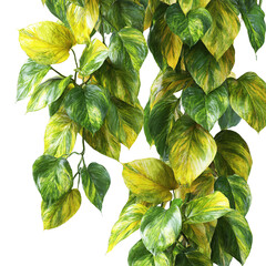 Lush Golden Pothos Vine with Variegated Green and Yellow Leaves. A highly detailed and photorealistic golden pothos (Epipremnum aureum) vine with vibrant green and yellow variegated leaves