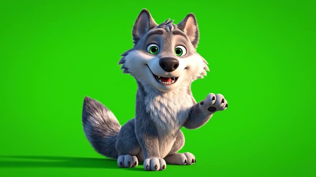 Friendly Animated Grey Wolf Character Waving Paw on Green Screen Background