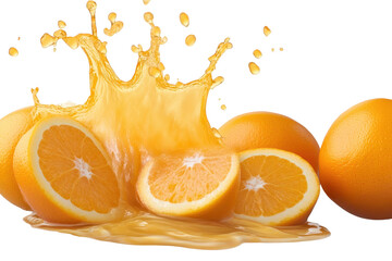Fresh orange juice splashing from sliced oranges with whole oranges on a transparent background, perfect for summer refreshing drinks and healthy lifestyle themes