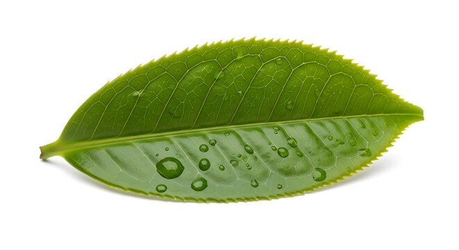 Close-up of a Fresh Green Tea Leaf with Water Droplets