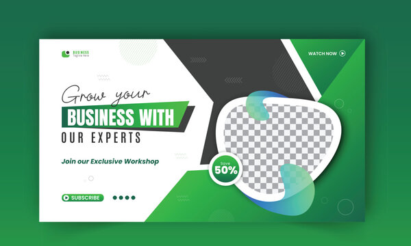 Corporate creative video thumbnail design template, digital marketing agency live video streaming and social media cover, abstract green colorful shapes and white background for business promotion