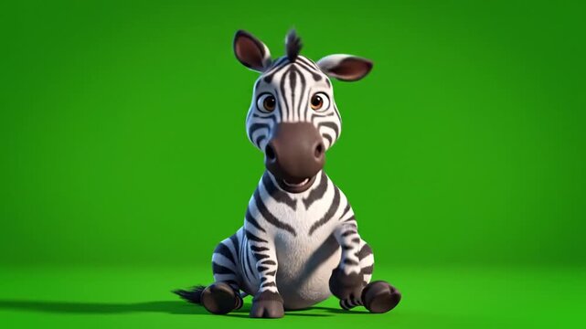 Adorable 3D Cartoon Baby Zebra Character Sitting Isolated on Green Screen Background