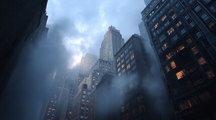 Urban foggy skyline enigmatic city architecture new york photo evening atmosphere low angle view mystery and serenity in urban life