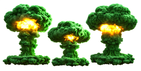 Three green nuclear mushroom clouds with bright yellow core isolated on a transparent background.PNG