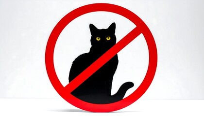 Black cat silhouette with yellow eyes inside red circle and diagonal slash, symbolizing prohibition of cats.