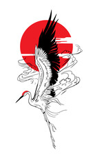 Red-crowned crane in flight with sun