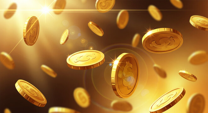 background of falling gold coins with beautiful light
