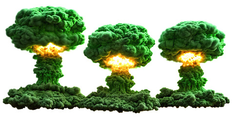 Three green nuclear mushroom clouds with bright yellow core isolated on a transparent background.PNG