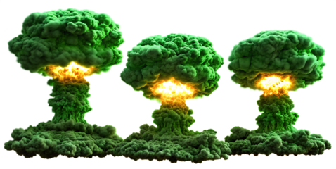 Three green nuclear mushroom clouds with bright yellow core isolated on a transparent background.PNG