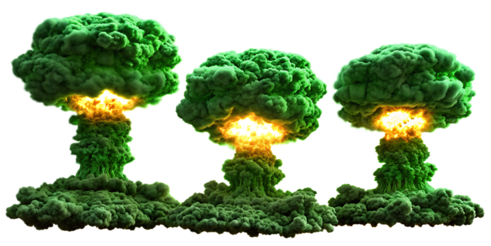 Three green nuclear mushroom clouds with bright yellow core isolated on a transparent background.PNG