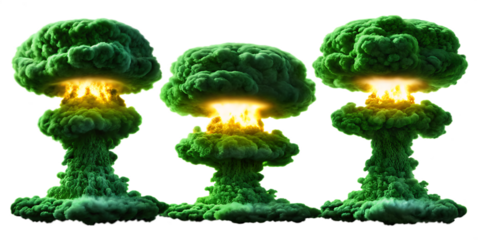 Three green nuclear mushroom clouds with bright yellow core isolated on a transparent background