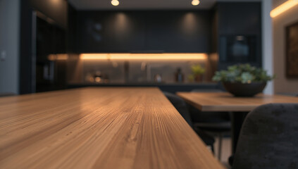 Fototapeta premium Modern kitchen interior with wooden table and soft lighting