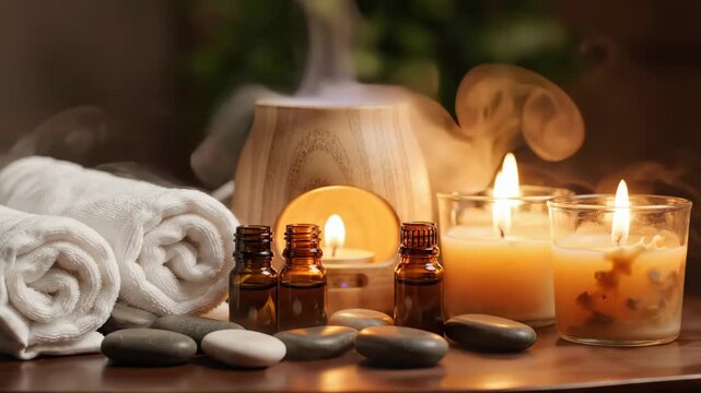 Relaxing Spa Scene: Candles, Aromatherapy, and Wellness Elements.