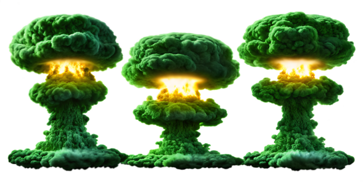 Three green nuclear mushroom clouds with bright yellow core isolated on a transparent background