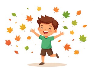A cartoon boy runs gleefully amid a cascade of colorful falling leaves in autumn