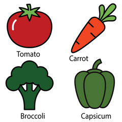 Set of four cartoon vegetables including tomato, carrot, broccoli, and bell pepper