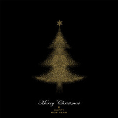 Greeting card with gold glitter Christmas  tree on red background. Vector illustration. Gold pattern