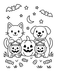 Cute Halloween Coloring Page with Cat, Dog, and Jack-o'-Lanterns