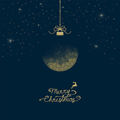 Greeting card with christmas ball made from golden glitter on dark green background. New year them. Vector illustration