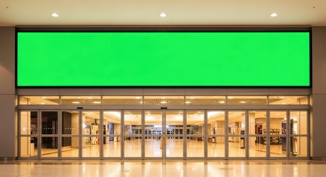 Large Green Screen Digital Billboard Above Modern Automatic Glass Doors in a Public Building Entrance.
