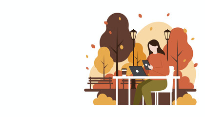 Woman working remotely on tablet and laptop in a peaceful autumn park Digital nomad lifestyle illustration