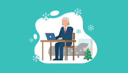 Senior professional working from home on a laptop during the winter holiday season Flat illustration