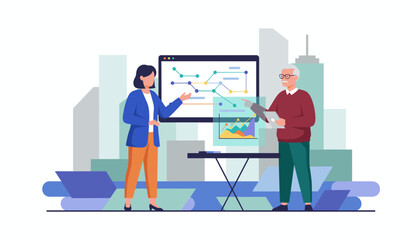 Business professionals analyze digital data and growth charts during a corporate presentation