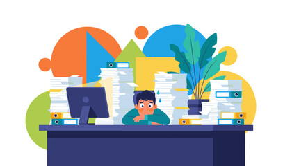 Overwhelmed employee stressed by huge paperwork piles and deadlines in the office
