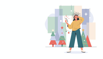 Holiday stress concept Frustrated woman looking at smartphone amid festive decorations