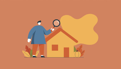 Real estate inspection concept Person uses a magnifying glass to evaluate a house in autumn setting